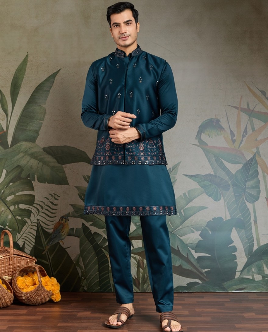 61104-BLUE - Midnight Blue Embroidered Kurta Set for Men